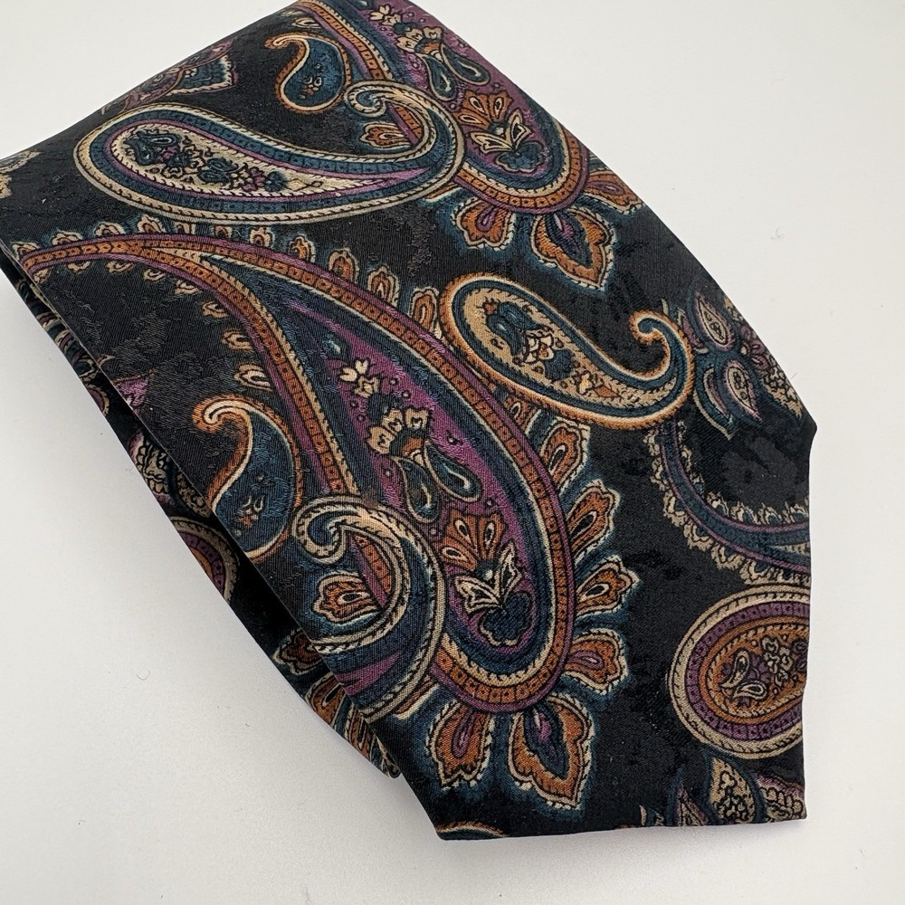 Gianno Paisley Tie Mens Black Purple Teal Orange 4" Wide Necktie Vintage USA